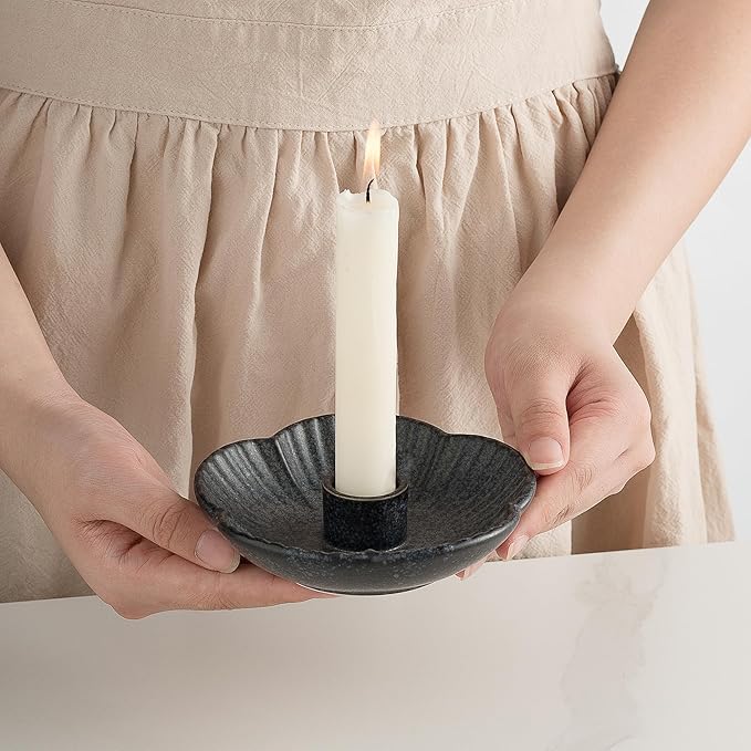 Ceramic Candlestick Holder， Candle Holder for Taper Candles,Incense, Santo Palo, Halloween Christmas Wedding Parties, Dining Room Home Decoration Display (Black)