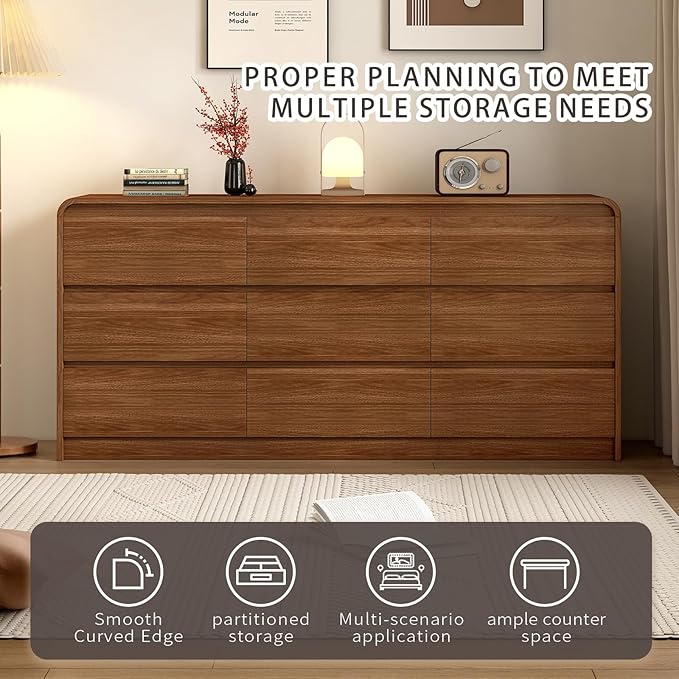 9 Drawer Dresser For Bedroom 63 Inch Wood Chest of Drawers - Curved Anti Collision, Mid Century Dresser For Closet with Natural Texture & Pre-Embedded Slots for TV Stand, Living Room, Nursery