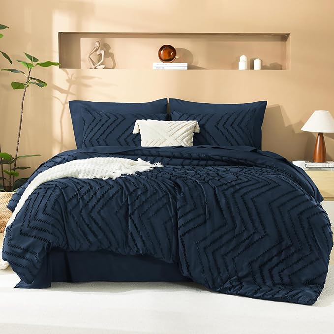 Litanika Navy Blue Queen Size Comforter Set with Sheets - 7 Pieces Bed in a Bag Queen Boho Tufted Complete Bedding Sets with Comforter, Sheets, Pillowcases & Shams