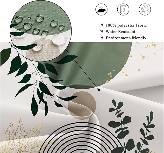 Riyidecor Sage Green Mid Century Modern Shower Curtain for Bathroom Decor 72Wx72H Boho Abstract Gold Leaves Minimalist Geometric Arch Sun Art Printed Fabric Polyester Waterproof 12 Pack Plastic Hooks