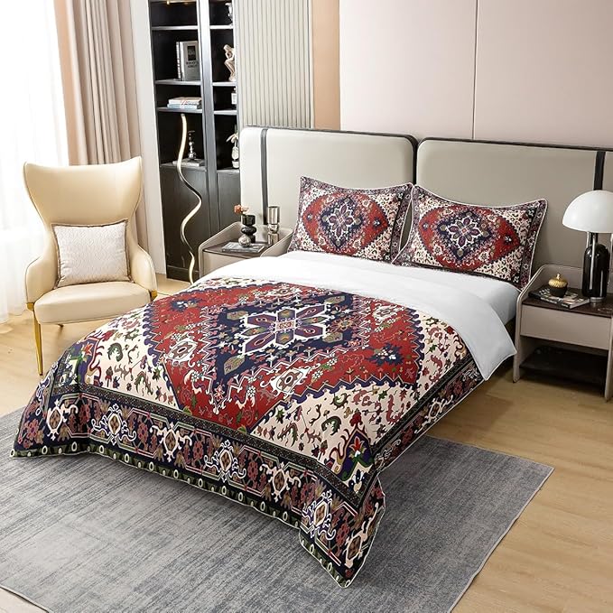 100% Organic Cotton Tribal Pattern Duvet Cover Queen Exotic Geometric Lattice Bedding Set Set Boho Red Green Square Grid Quilt Cover Retro Bohemian Room Decor National Abstract Quilt Cover