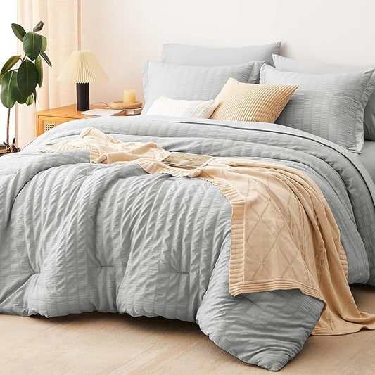 CozyLux Queen Comforter Set Light Grey, 7 Pieces Seersucker Textured Luxury Bed in a Bag, Light Gray All Seasons Bedding Sets with Down Alternative Comforter, Sheets, Pillowcases & Shams, Home Gift