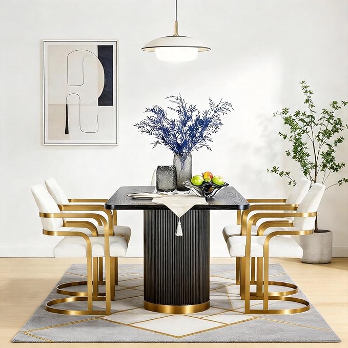 AUZ 70" Farmhouse Dining Table for 4-6, Black Oak Wood Rustic Kitchen Table with Fluted Base and Brushed Gold Accents, Large Rectangular Vintage Style Table (Black & Gold)