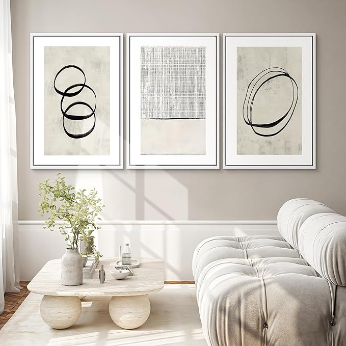 SIGNWIN Framed Canvas Print Wall Art Set Geometric Ring Grid Landscape Graffiti & Street Art Abstract Cozy Neutral Modern Art Decorative Nordic for Living Room, Bedroom, Office - 24"x36"x3 White