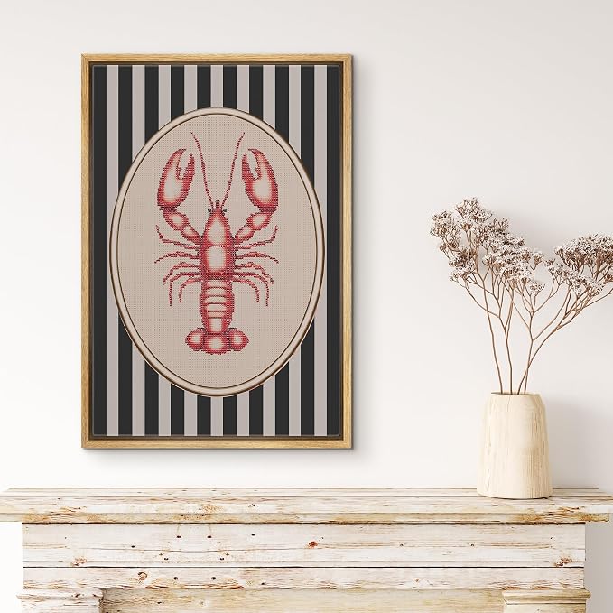 MUDECOR Framed Canvas Print Wall Art Vintage Red Lobster Needlepoint Style Nautical Stripe Illustrations Minimalism Decorative Bohemian Colorful Zen for Living Room, Bedroom, Office - 24"x36" NATURAL