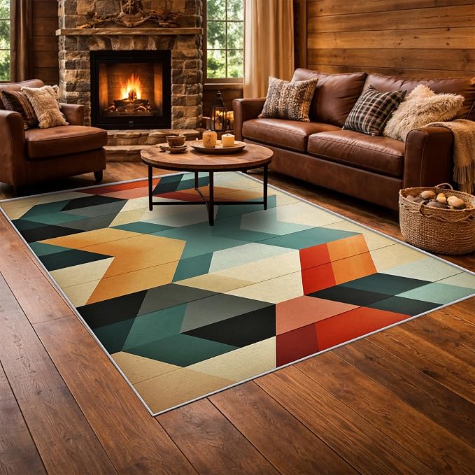Mid Century Modern Area Rug 4x6, Washable Non-Slip Low Pile Abstract Geometric Carpet for Living Room Bedroom Home Office, Retro Contemporary Accent Rug in Teal Orange Cream Black