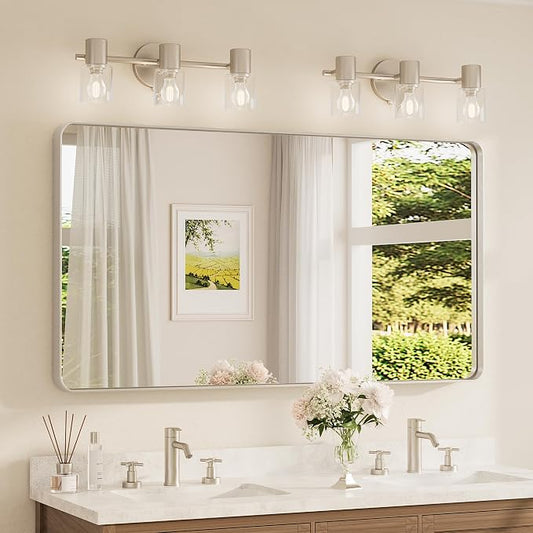 TETOTE 55 x 30 Inch Brushed Nickel Bathroom Mirror for Vanity Metal Framed Mirror Modern Farmhouse for Living Room Entryway(Horizontal/Vertical)