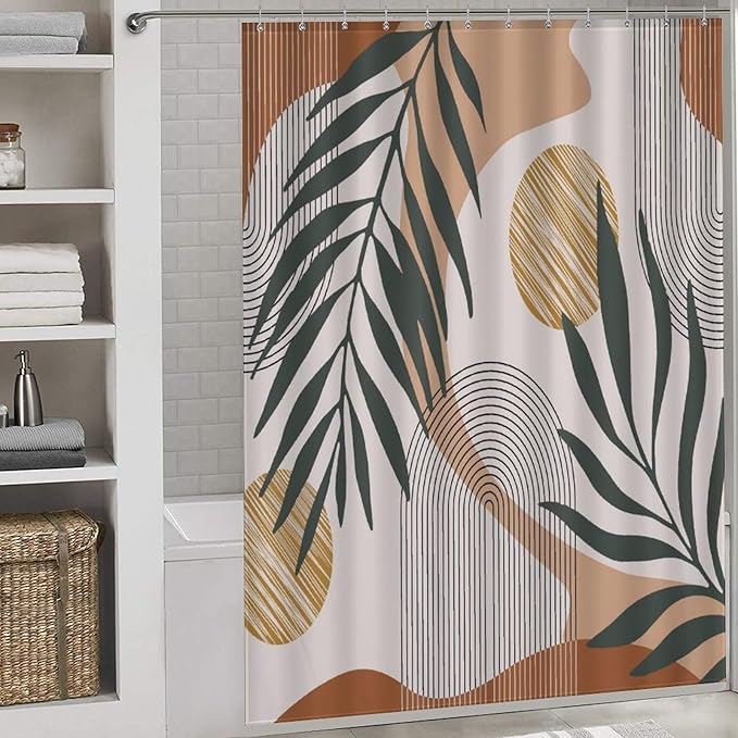 Mid Century Modern Shower Curtain, Boho Aesthetic Green Tropical Palm Leaves Abstract Minimalist Geometic Arch Waterproof Fabric Bathroom Shower Curtain Set with Hooks, 72"x78" Inch