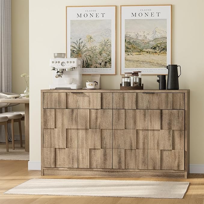 ONBRILL 61" Sideboard Buffet Cabinet with Storage, Large Coffee Bar Cainet with Doors and Drawers, Wood Credenza Console Cabinet Buffet Table for Kitchen Living Room Entryway (Washed Grey)