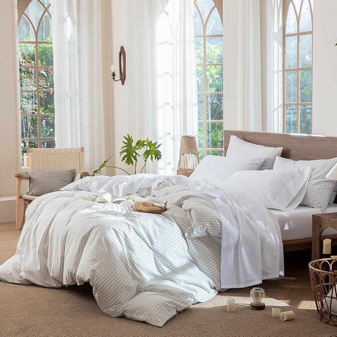 MooMee Bedding Sheet Set 100% Washed Cotton Linen Like Textured Breathable Durable Soft Comfy (Solid Bright White, Queen)