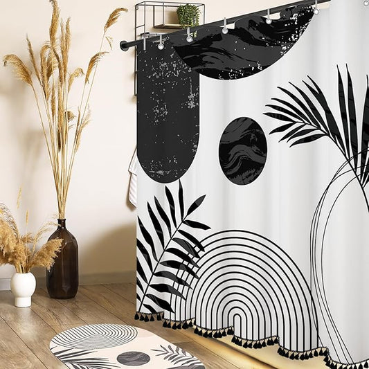 Boho Mid Century Leaf Shower Curtain Set,Arch Sun Design,Minimalistic Leaves Pattern,Waterproof and Luxurious Fabric-12 Hooks(Black-72" x 84")