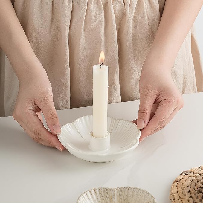 Ceramic Candlestick Holder， Candle Holder for Taper Candles,Incense, Santo Palo, Halloween Christmas Wedding Parties, Dining Room Home Decoration Display - White