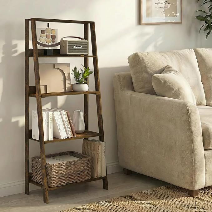Furinno Ladder Book Shelf, 5-Tier Leaning Standing Shelf, Open Frame Design Bookshelf, Display Storage Shelves, 13 x 23.6 x 53.5, for Living Room, Home Office, Amber Pine