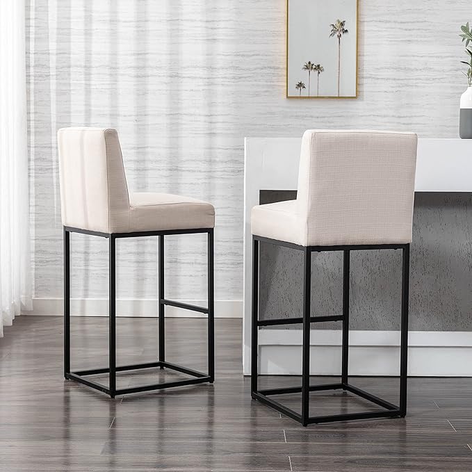 31" Height Cream Fabric Bar Stools Set of 2 Counter Height Stools with Back and Footrest for Kitchen Modern Metal Barstools, Linen Upholstered Farmhouse Bar Chairs Island Stools