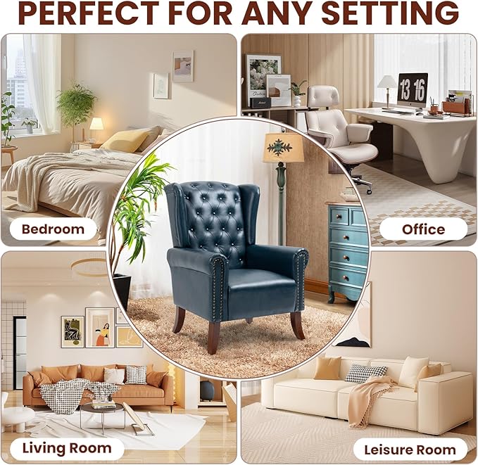Faux Leather Accent Chair, Mid-Century Armchair Upholstered Club Sofa Chair with Wooden Legs, High Back Living Room Chair for Bedroom, Office, Lounge (Blue)