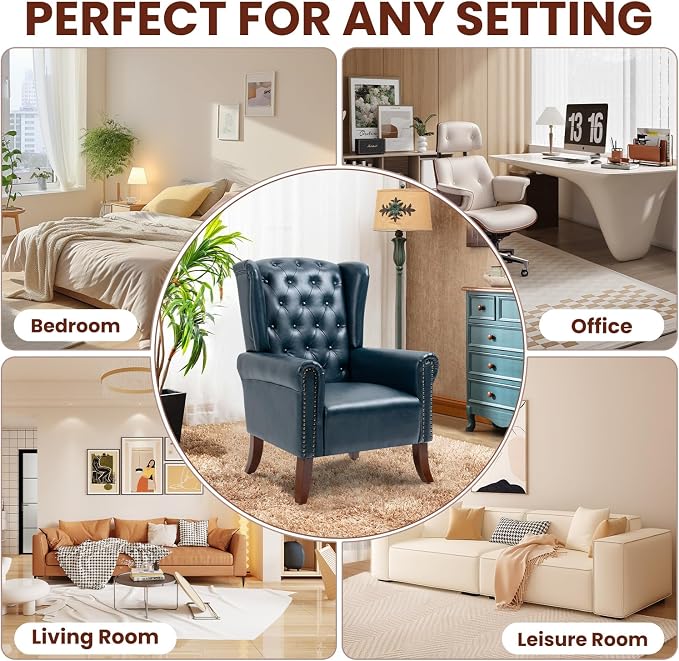 PU Leather Accent Chair Set of 2, Modern Upholstered Living Room Chair Sofa Chair with Wooden Legs, Wingback Armchair Club Chair for Bedroom,Study Room, Lounge (Dark Blue)