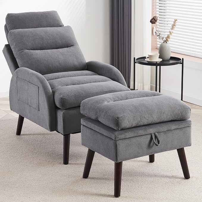 HCHAIRH Accent Chair with Ottoman, Comfy Reading Chair and Ottoman Set, Modern Oversized Velvet Lounge Armchair with Adjustable Backrest for Living Room Bedroom, Velvet Dark Grey