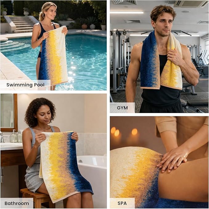 SEMAXE Colorful Bath Towel Set, 100% Cotton Bathroom Towels with Hanging Loops, Soft & Absorbent, 8 Piece Towel Set Include 2 Bath Towels, 2 Hand Towels, 4 Washcloths, Yellow | Brown | Blue