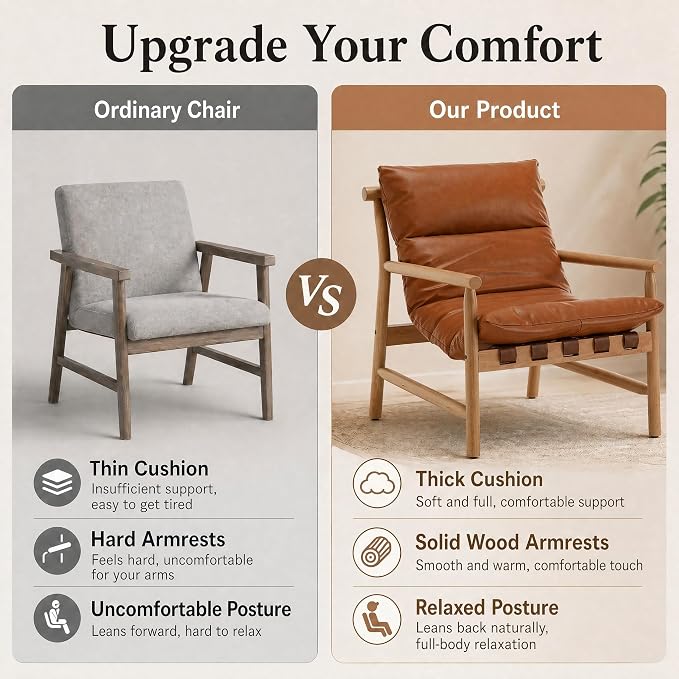 Faux Leather Accent Chair Set of 2 Mid Century Modern Living Room Chairs Comfy Arm Chair with Solid Wood Frame Upholstered Lounge Reading Chair Cozy Recliner for Bedroom/Guest Room, Brown