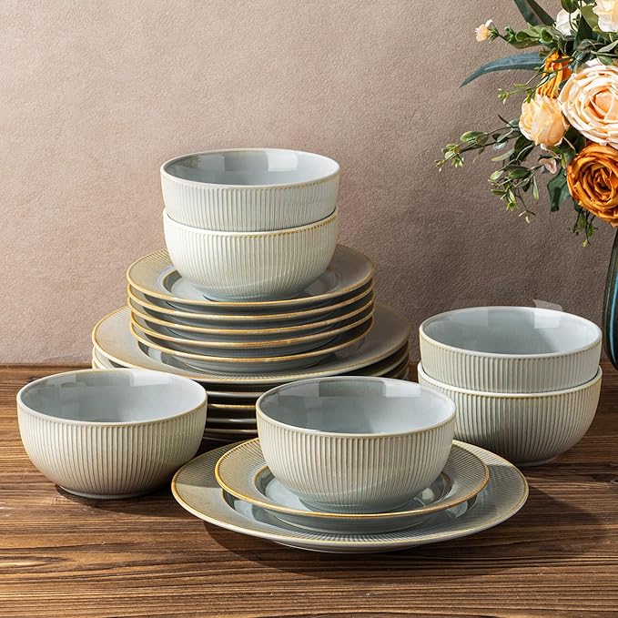TheTerra Stoneware Dinnerware Sets for 6, 18 Pieces Ceramic Lightweight Plates and Bowls Sets, Scratch Resistant Embossed Dish Set, Oven, Microwave & Dishwasher Safe, Desert Sage