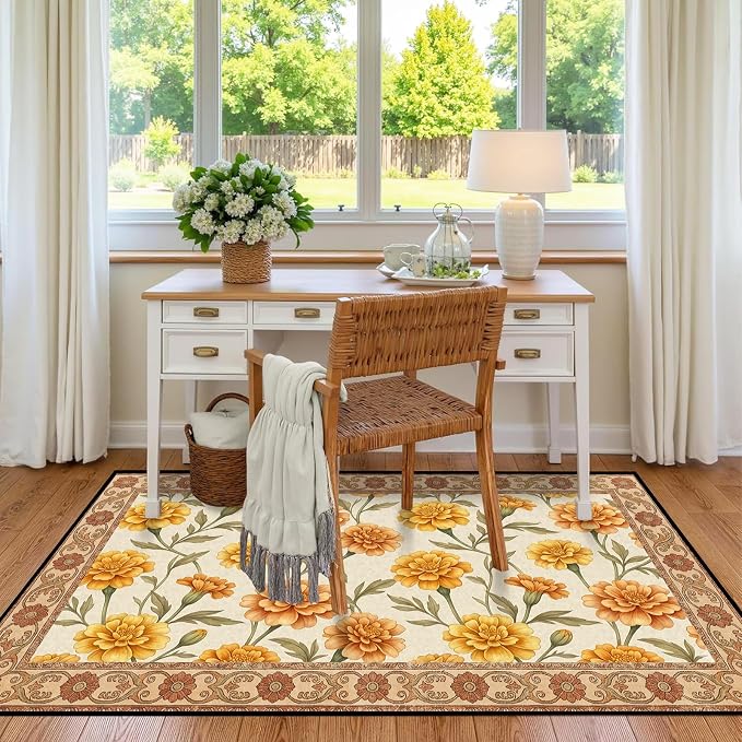 Marigold Floral Area Rug Vintage Boho Rug Bordered Non-Slip Washable Floor Mat for Bedroom Living Room Nursery Kitchen Playroom Home Decor,5'x7'