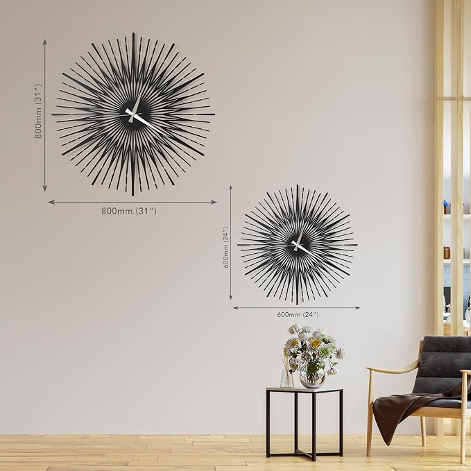 Sun Rays Wall Clock, Large Metal Decorative Wall Clock, Modern Minimalist Wall Decor (Black, Small)