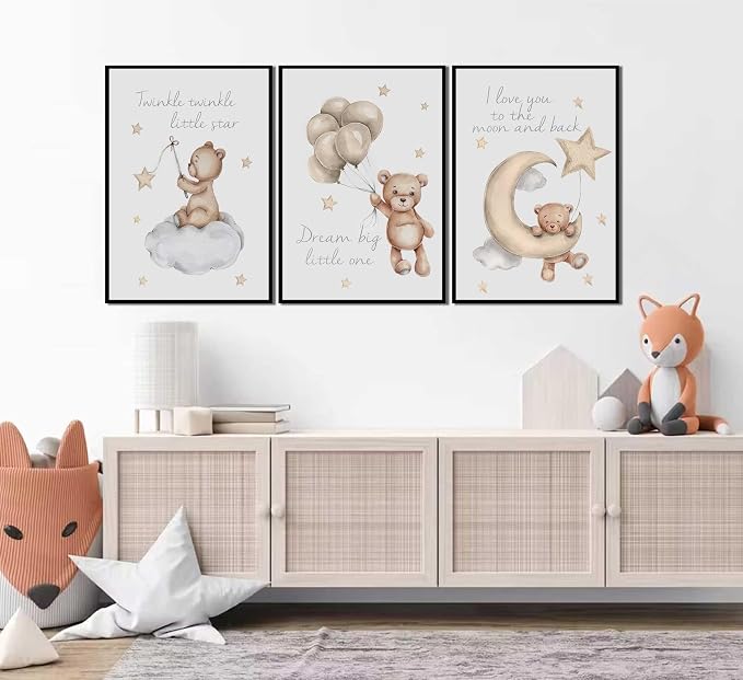 MTLXSBLT 3Pcs Nursery Teddy Bear Wall Art Cute Little Bears Wall Decor Slepping Teddy Bears Posters Prints Moon Star Cloud Neutral Nursery Canvas Pictures for Kid's Room or Bedroom Painting Unframed