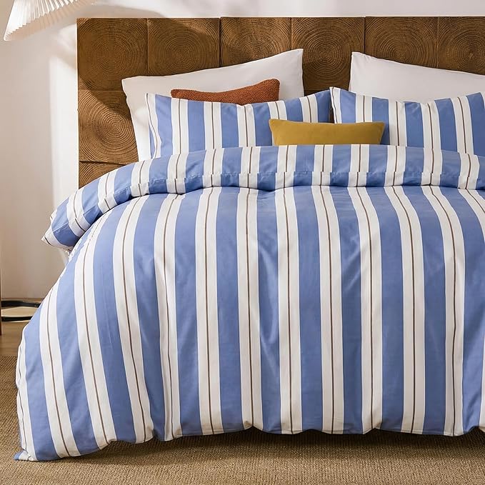 Merryword Blue and White Striped Duvet Cover Set King Size 100% Cotton Bedding Set with Modern Coastal Style Soft Breathable Linen Like Bedding Set 3 Pieces