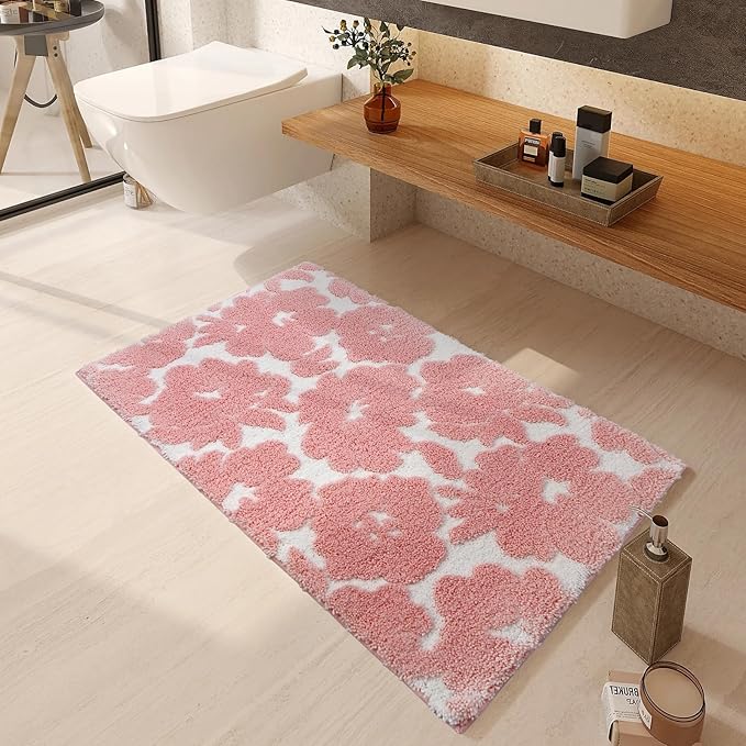 Civkor Pink and White Bathroom Rug, Tufted Flower Bath Mat for Bathroom with Non Slip TPR Backing, Quick Dry Microfiber Surface, Soft and Super Water Absorbent Bath Rug, 24x16Inch