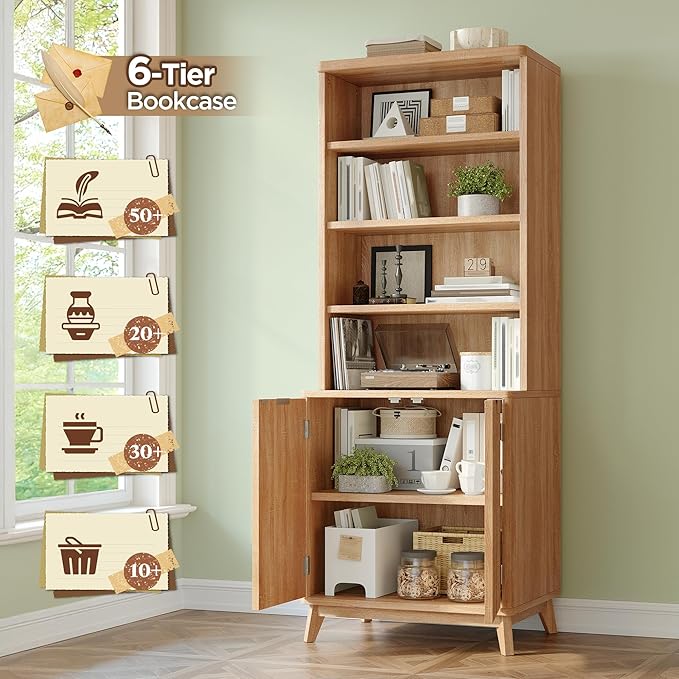 DurayLoly Tall Bookshelf, 6-Tier Bookcase with Fluted Doors & Adjustable Shelves, Mid-Century Cabinet, Modern Wooden Book Shelf for Home Office, Living Room, Kitchen, Light Oak