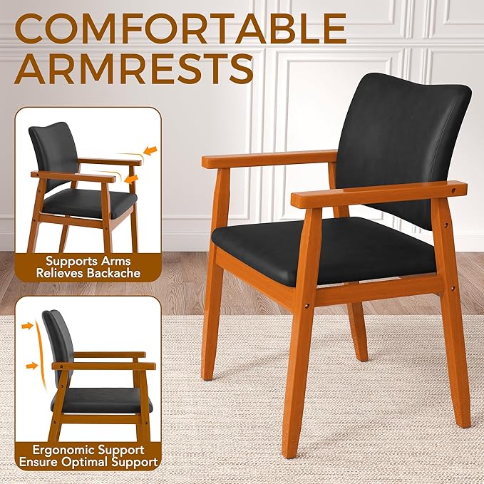 Dining Chairs with Arms Set of 2, Wood Frame Faux Leather Kitchen Chairs, Comfortable Upholstered Accent Chairs for Kitchen, Dining Room,and Living Room(Black)