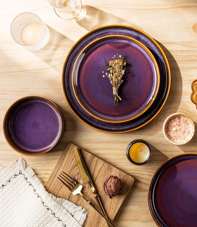 TheTerra Ceramic Dinnerware Sets for 6, 18 Pieces Porcelain Lightweight Plates and Bowls Sets, Scratch Resistant Dish Set, Oven & Microwave & Dishwasher Safe, Amber Amethyst