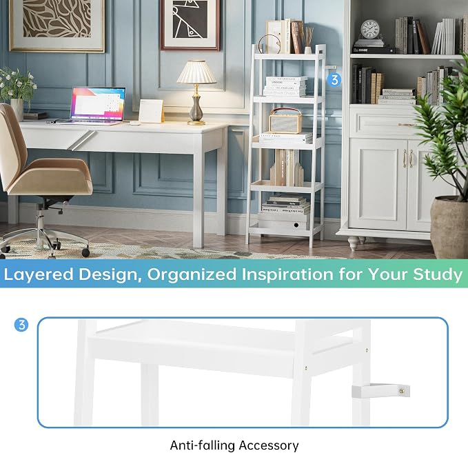 SMIBUY Bamboo Ladder Bookcase, Bathroom Storage Rack Organizer, 4 Tier and 5 Tier Freestanding Plant Display Stand Space Saver Shelves for Bedroom, Kitchen, Balcony (White, 5 Tiers (50" H))