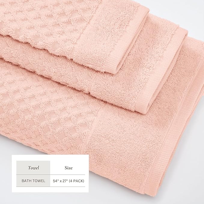 Great Bay Home Bath Towels - 100% Cotton 4 Pack 54x27 Bath Towel Set - Absorbent, Durable, Quick-Dry Towels for Bathroom (Pink)
