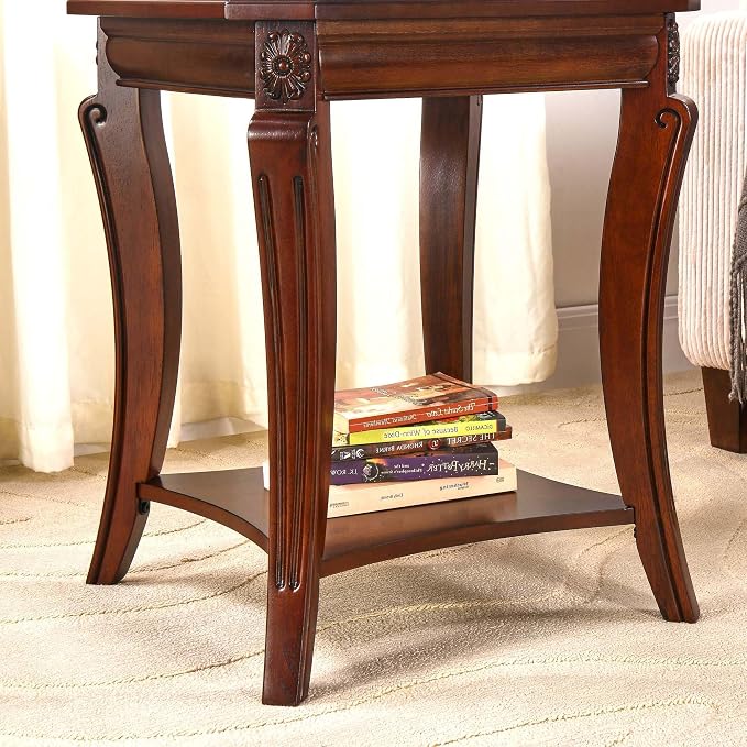 2-Set Solid Wood Side Table with Storage Shelf, 2-Tier Square End Tables Living Room, Traditional Style End Table, Vintage Beside Table with Curved Legs and Glass Tabletop, Cherry Walnut Accent Table