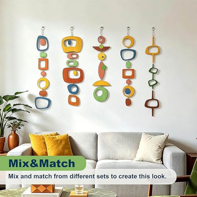 MidModArt 6PCS Retro Mid Century Modern Wall Art MCM Decor for Living Room Bedroom Kitchen Study, Colored Wood Texture 5.2"x60.6"
