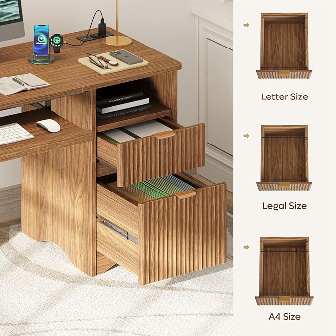 Bestier Computer Desk with Drawer, 55 inch Office Desk with Power Outlet, Modern Home Office Desk with Keyboard Tray (55" W with Single-Sided Drawers)