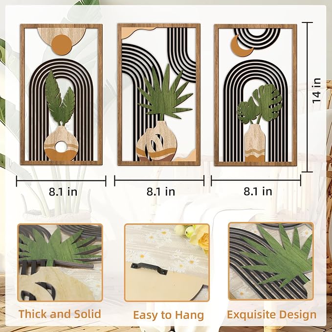 Bnesi 3 Piece Abstract Boho Wall Art Decor Minimalist Modern Wooden Wall Art Mid-Century Modern Wall Art Set of 3 Wall Decor for Living Room Bedroom Bathroom Kitchen (Boho, Medium)