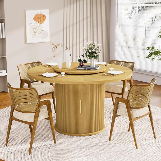 KEIKI 55" Round Dining Table for 4-6, Mid Century Modern Kitchen Table with Storage & Rotating Tabletop Tray, Wood Corner Dinner Desk for Living Room Breakfast Nook Restaurant, Easy Assembly, Natural