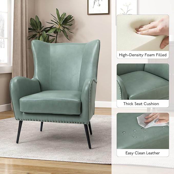 HULALA HOME Faux Leather Accent Chair with Removable Cushion, Comfy Upholstered Armchair with Black Metal Legs & Nailhead Trim Wingback Vanity Chair for Bedroom Reading Living Room, SAGE