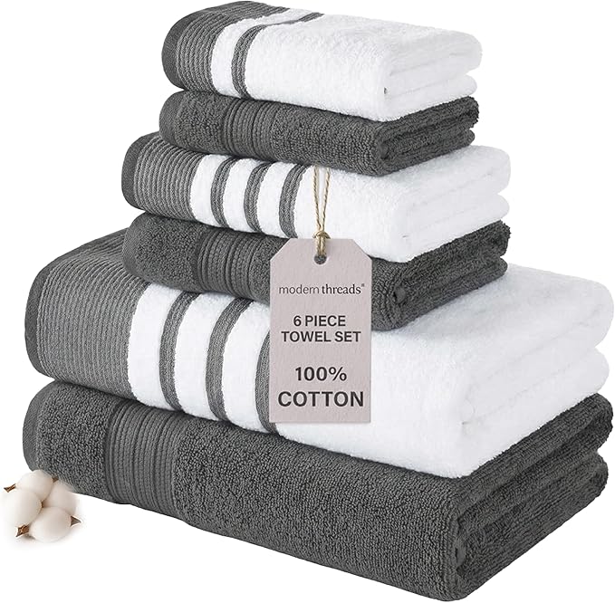Modern Threads 6-Piece Towel Set – 100% Cotton, Quick Dry, Ultra Absorbent – Includes 2 Bath, 2 Hand, 2 Washcloths (White/Reinhart Charcoal)