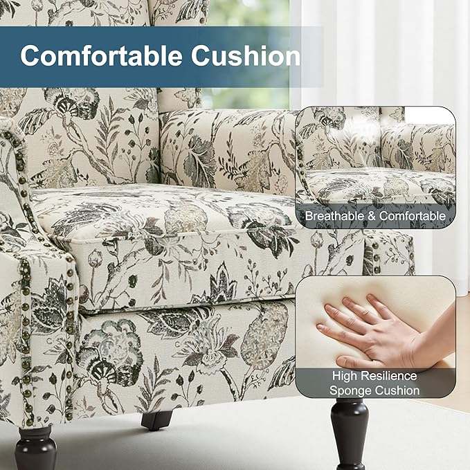 Wingback Chair, High Back Floral Accent Chair in Fabric, Comfy Upholstered Armchair with Nailhead Trim for Living Room, Single Sofa Reading Chair for Small Spaces, Bedroom-Plants Beige