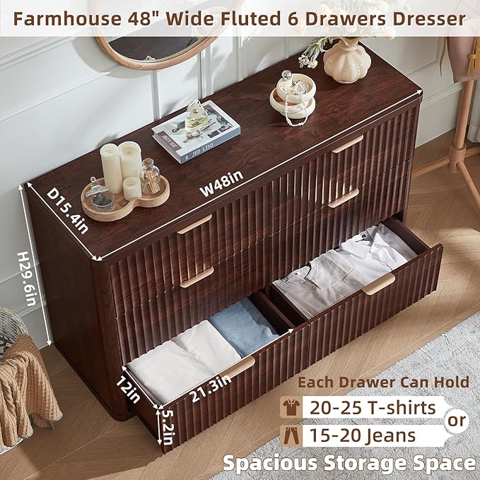LEYAOYAO Fluted 6 Drawers Dresser Set of 2, 48" Wide Modern Chest of Drawers with Metal Handle, Walnut Curved Profile Dresser TV Stand, Wooden Drawer Organizer for Bedroom, Living Room, Hallway
