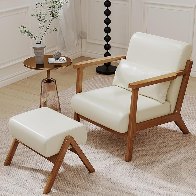 Modern Accent Chair and Ottoman Set, Mid-Century Faux Leather Upholstered Lounge Armchair with Solid Wood Frame & Comfortable Cushion for Living Room, Bedroom, Balcony, Beige