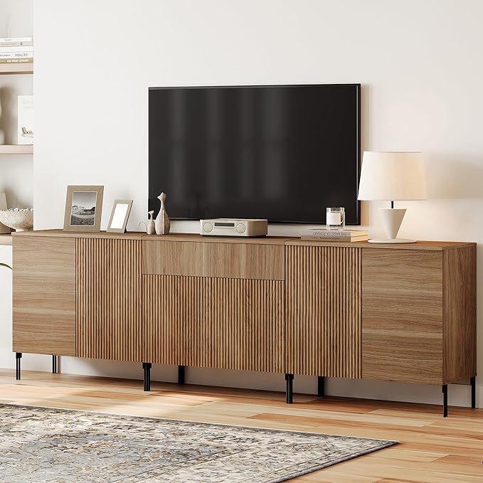 WAMPAT 94.5" Buffet Sideboard Cabinet with 2 Drawers & 6 Doors,4-in-1 Fluted Storage Credenza with Charging Station,Modern Buffet Table Coffee Bar Wine Bar Cabinet for Dining Room, Living Room,Brown