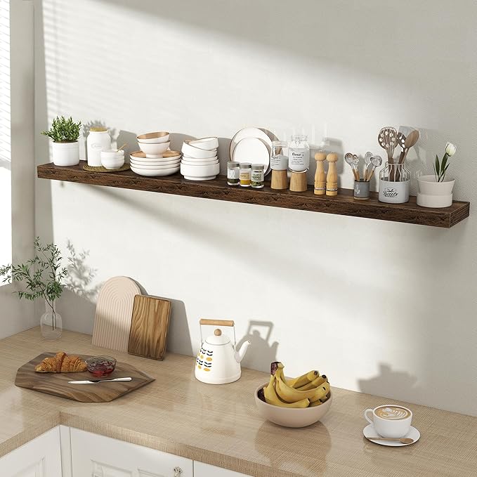 55 Inch Floating Shelves for Wall 1 Pack, 55" Wall Shelves for Books, Storage, Decor, Wall Mounted Floating Shelf with Invisible Brackets for Kitchen, Living Room, Brown