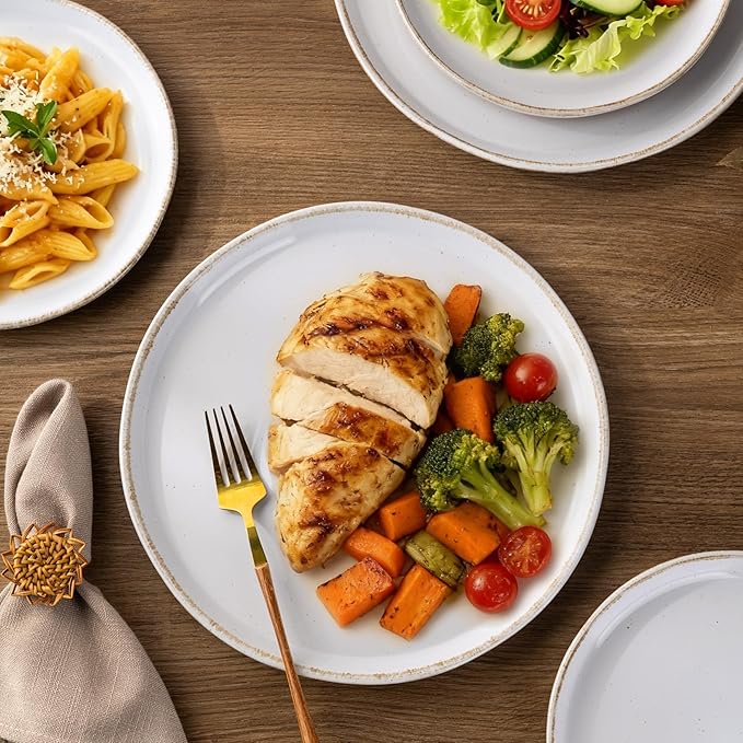 AmorArc Ceramic Dinnerware Sets with Pasta Bowls for 4, Handpainted Plates and Bowls Set with Rustic Terracotta Underside, Scratch Resistant Dishes Set, Dishwasher & Microwave Safe, 16 Pcs-White