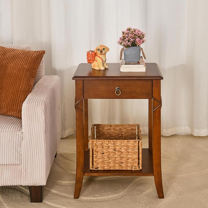 2-Set Solid Wood End Table with Drawer, Beside Table, Nightstand, Mid-Century Modern Funiture with Storage Shelf, 19.7" x 15.7" x 27.6" High Living Room Side Table with Wood Frame, Cherry GBJDR200