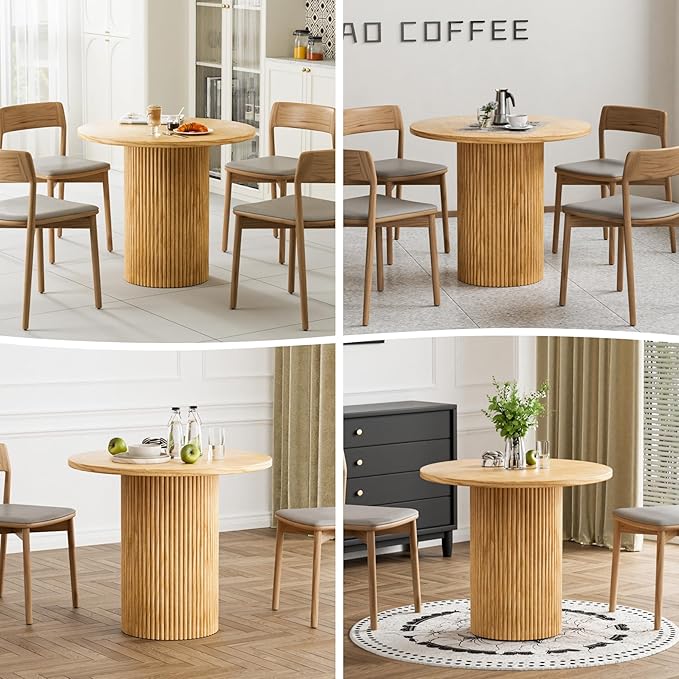 Rophefx Round Dining Table, 35.4" Modern Wood Kitchen Table for 2 to 4, Pedestal Circle Dining Tables, Fluted Dining Table for Leisure, Coffee, Kitchen, Dining Room φ35.4" x 29.9"H, Natural Wood Color