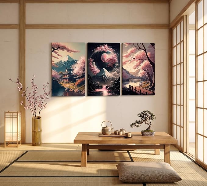 3Pcs Japanese Canvas Wall Art Cherry Blossom Lake Landscape Wall Decor Pictures Japan Mount Fuji Art Posters Prints for Living Room Bedroom Home Decoration Ready to hang